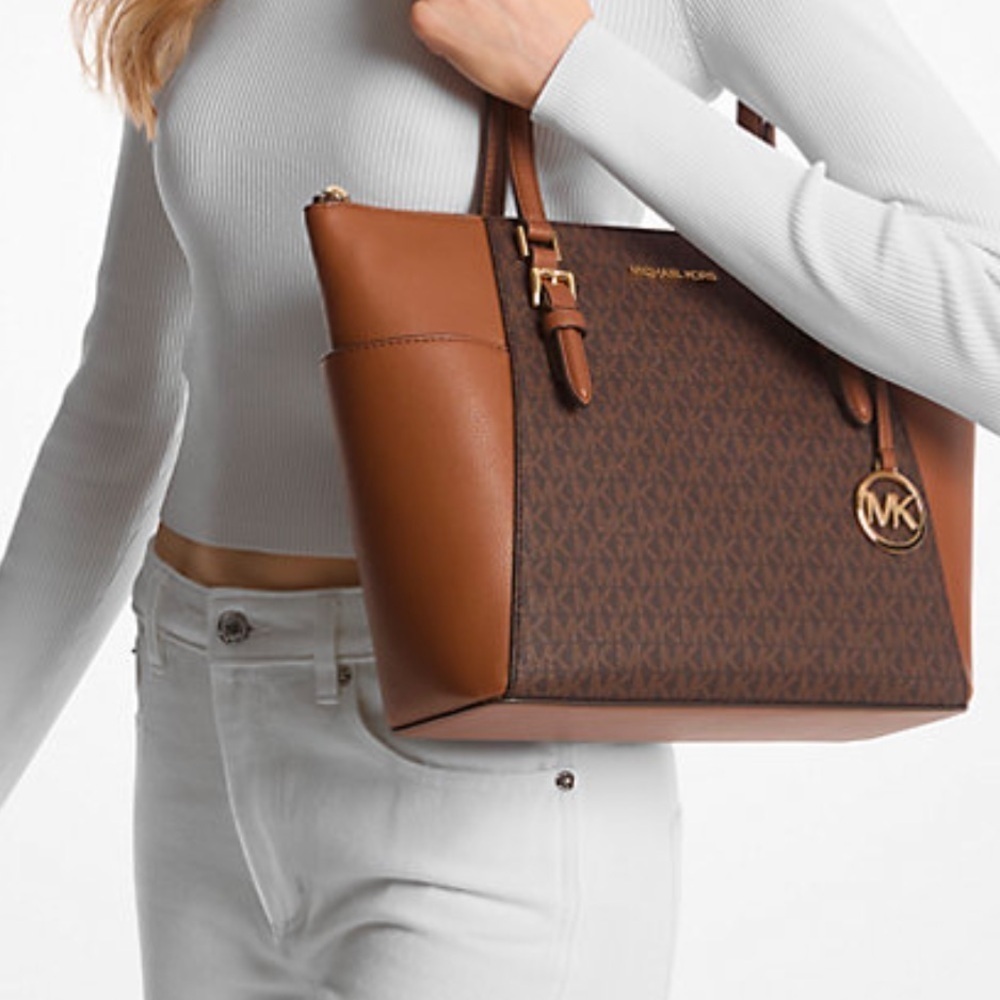 MICHAEL KORS CHARLOTTE LARGE LOGO & LEATHER TOP ZIP TOTE - Picture 6 of 8